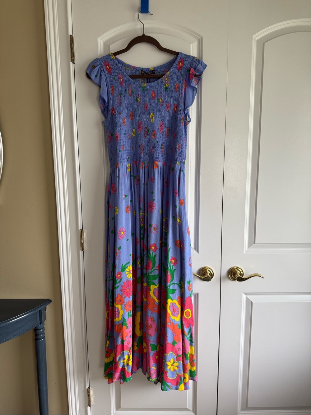 Mister Zimi Abbie Blue Meadow Smocked Midi Floral Dress, Pockets, size 12, NWT!